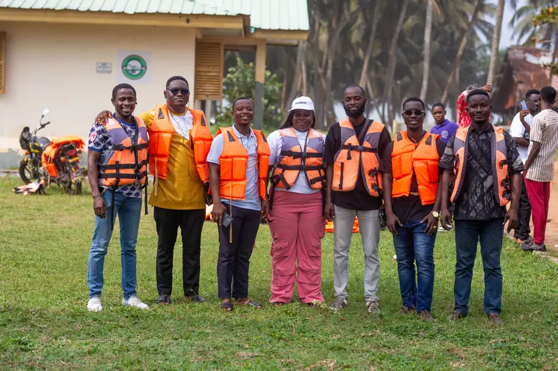 Staff and pupils in life jackets at the visitor centre