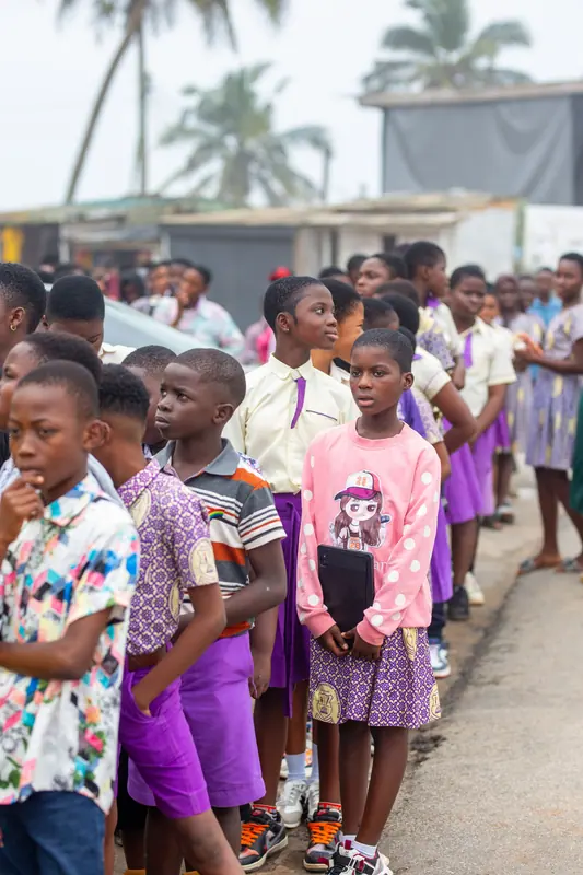 Pupils queueing along the path